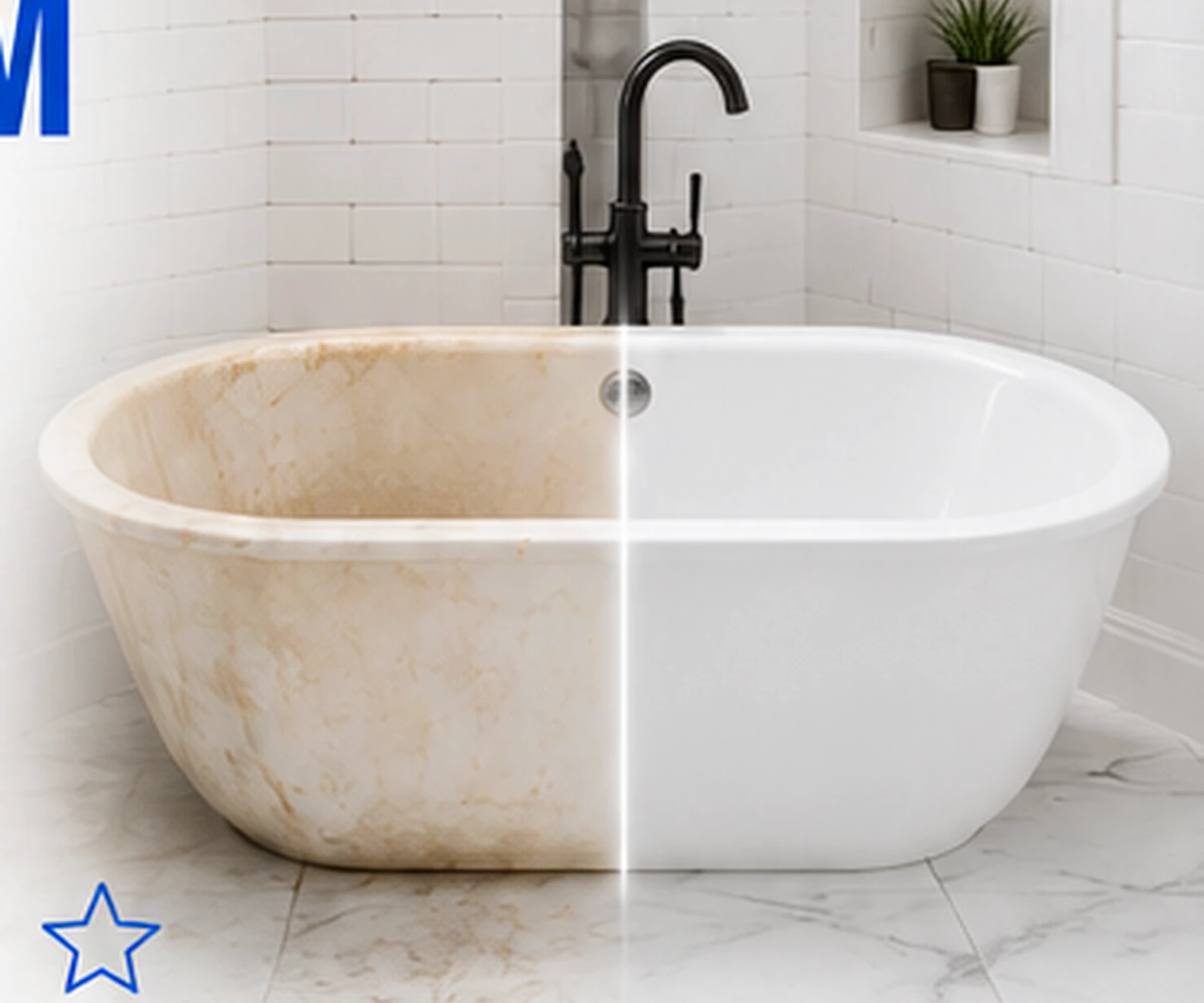 Before-and-after bathtub reglazing and surface restoration in a clean modern bathroom